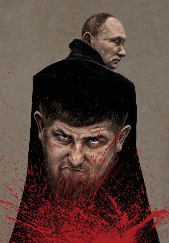 Putin wearing a blood soaked cape bearing Ramzan Kadyrov's face